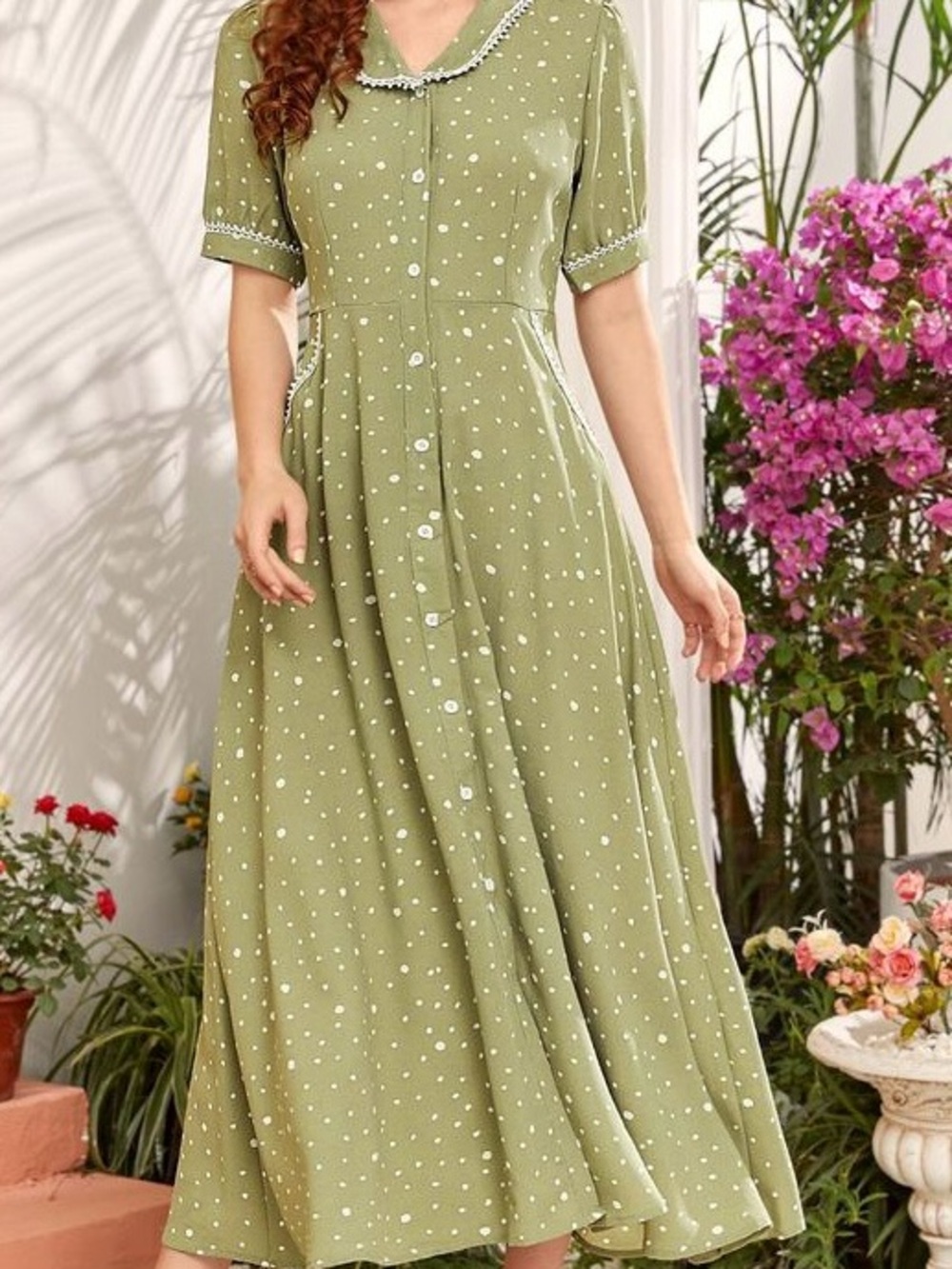 Lucille Ball 1950’s Inspired Polka Dot Olive Green Button-Front Maxi Dress